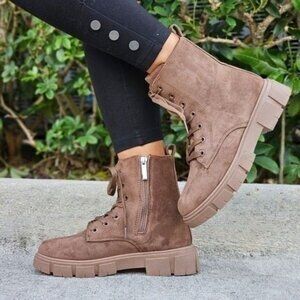Womens Suede Nude Combat Ankle Boots Lace Up Heeled